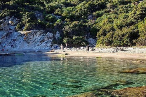 Spiaggia appartata con acque turchesi cristalline, riva sabbiosa e vegetazione lussureggiante vicino a Regnos Altos a Bosa, Italia