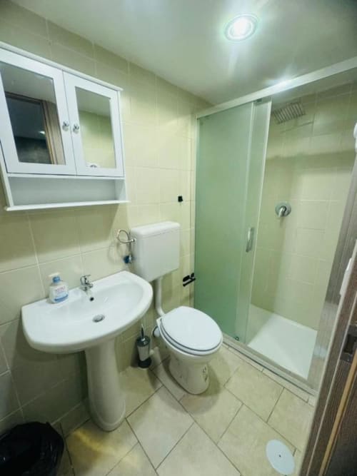 Modern bathroom at Neapolis Tecnotourist apartment with pedestal sink, toilet, glass shower enclosure, and pale green tile