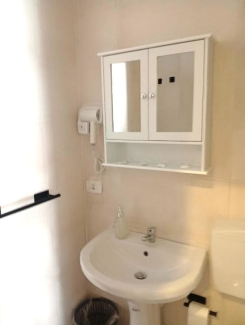 Bathroom with white pedestal sink, mirrored medicine cabinet, and toilet paper holder at Neapolis Tecnotourist