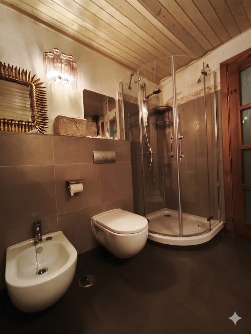 Salle de bain moderne à Viento de Ladera à Ségovie avec carrelage marron, sanitaires blancs, douche italienne et plafond en bois.