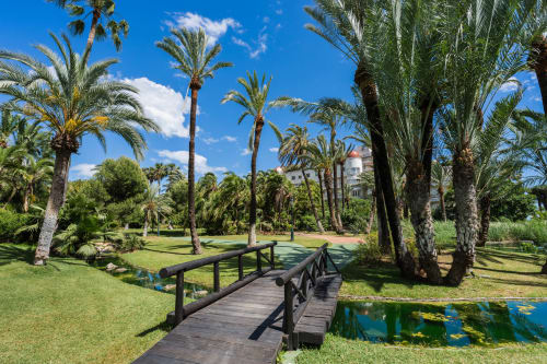 Tropical garden with wooden bridge over pond, palm trees, and Marbella apartment building in background, Puerto Banús