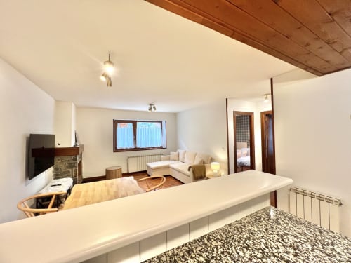 Dormitorio moderno con salón integrado, mobiliario color crema, techo de madera, TV y vistas a las montañas en Vielha