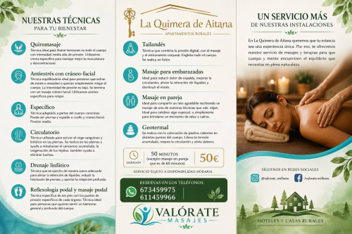 Folleto de servicios spa La Quimera de Aitana con terapias de masaje y tratamientos de bienestar en El Burgo de Osma
