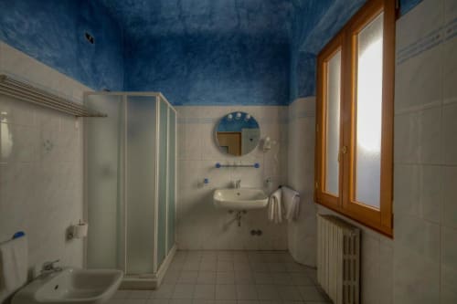 Moderno bagno presso la Sogni D'Oro Guest House di Firenze con soffitto blu, doccia, lavabo e portasciugamani