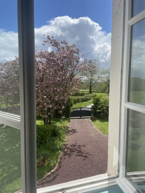 Vue sur le jardin de la Chambre Houlgate au Domaine de Marculfo montrant un magnolia en fleur, allée en gravier, banc en bois et