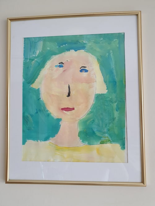 Abstract portrait painting with turquoise background, displayed at Sur La Rive Vierre guesthouse in Chiny, Belgium