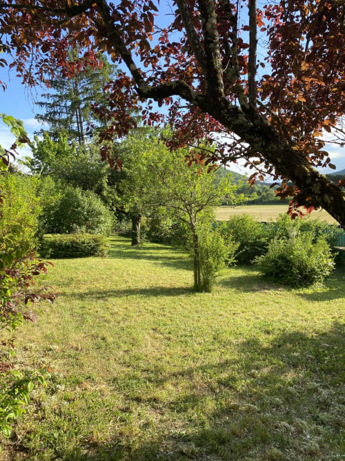 Jardin luxuriant aux teintes automnales des Gîtes de l'Impériale à Sermizelles, pelouse et arbres verdoyants