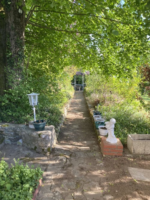 Allée verdoyante du tunnel de jardin aux Gîtes de l'Impériale à Sermizelles avec plantes en pot et treillage