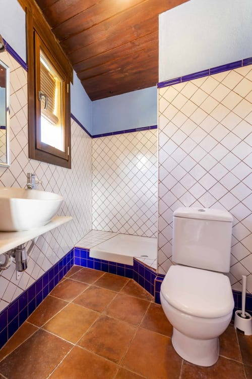 Baño rústico en apartamento Rustikalpuente con detalles en azulejos azules, techo de madera, accesorios blancos y piso de terracota