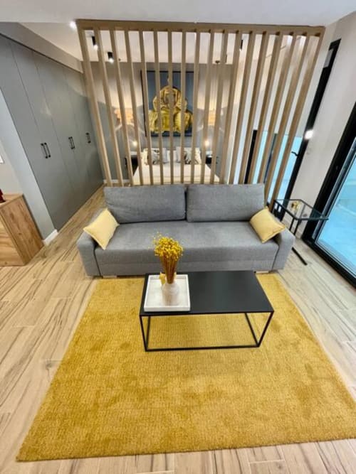 Moderno salón de apartamento en Agata 10 de Alicante con sofá gris, alfombra amarilla y suelos de madera