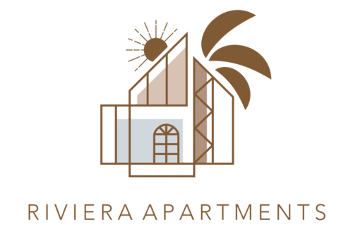 Logo Riviera Apartments con illustrazione di edificio moderno, palma e sole