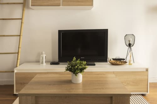 Consola de TV moderna en madera con televisor Sony y accesorios decorativos en el estudio de Ab Be Apartments, Málaga