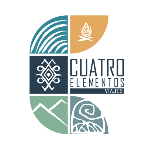 Logo de Cuatro Elementos Viajes con símbolos de agua, fuego, tierra y aire para Bakit House en Águilas