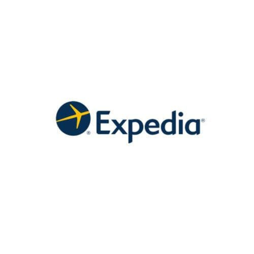 Logo de Expedia con icono de avión amarillo en círculo azul oscuro