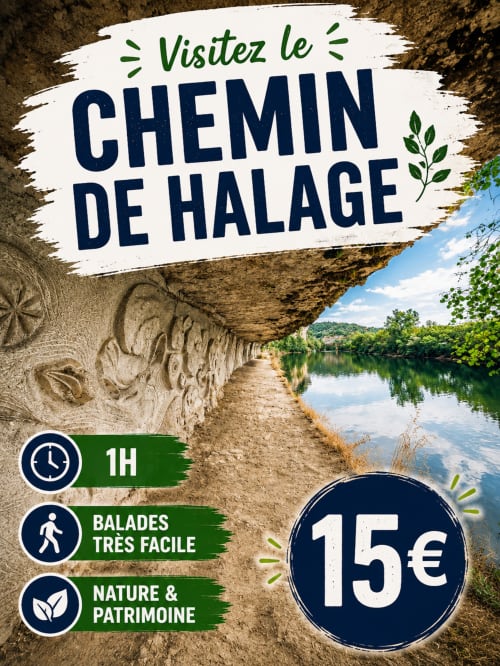 Affiche du sentier de Halage à Saint-Cirq-Lapopie : promenade facile d'1h le long de la rivière, 15€ à la Maison Lapopie
