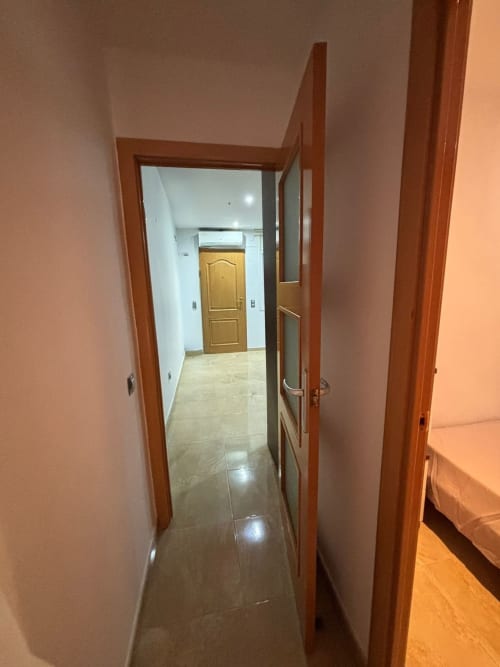 Pasillo del Apartamento Dàlies en Estada Rural con puertas de madera, suelos de azulejos y paredes blancas hacia la entrada