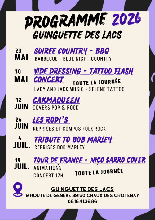 Guinguette des Lacs 2026 : barbecue fermier, concerts, flash tattoo, reprises. Événements à Chaux-des-Crotenay.