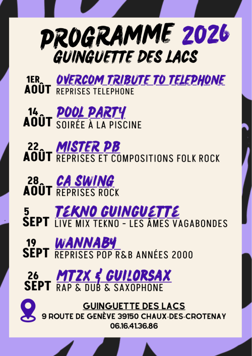 Affiche du programme d'été 2026 de la Guinguette des Lacs à Chaux-des-Crotenay avec concerts live et soirées piscine