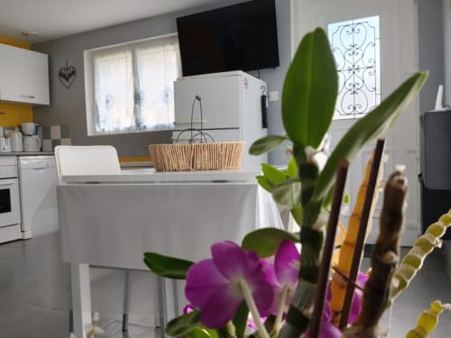 Modern kitchen in Le Petit Baigneur cottage at La Pause Landaise, featuring white appliances, gray counters, and purple