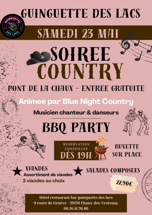 Country evening poster for Guinguette des Lacs hotel featuring BBQ party with live music and dancing on May 23