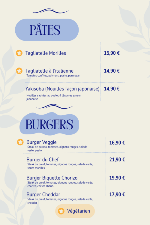 Page de menu de l'Hôtel des Lacs présentant pâtes et burgers avec tarifs, incluant options végétariennes