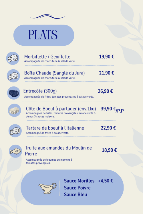 Menu du restaurant Hôtel des Lacs présentant des plats français : Morbiflette, Entrecôte et Tartare de boeuf avec tarifs.