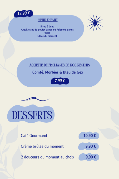 Menu enfant de l'Hôtel des Lacs : poulet, poisson, frites et glace à 12,90 €, plus plateau de fromages régionaux et