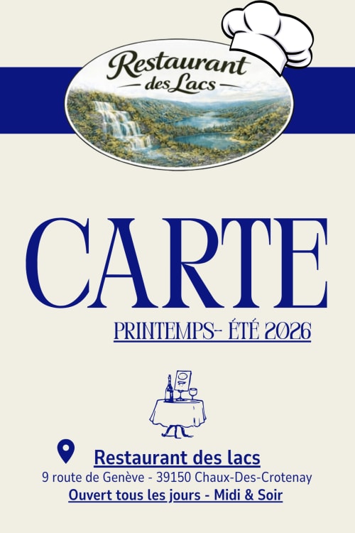 Couverture du menu Printemps-Été 2026 du Restaurant des Lacs, Chaux-des-Crotenay, avec paysage lacustre pittoresque et cascade