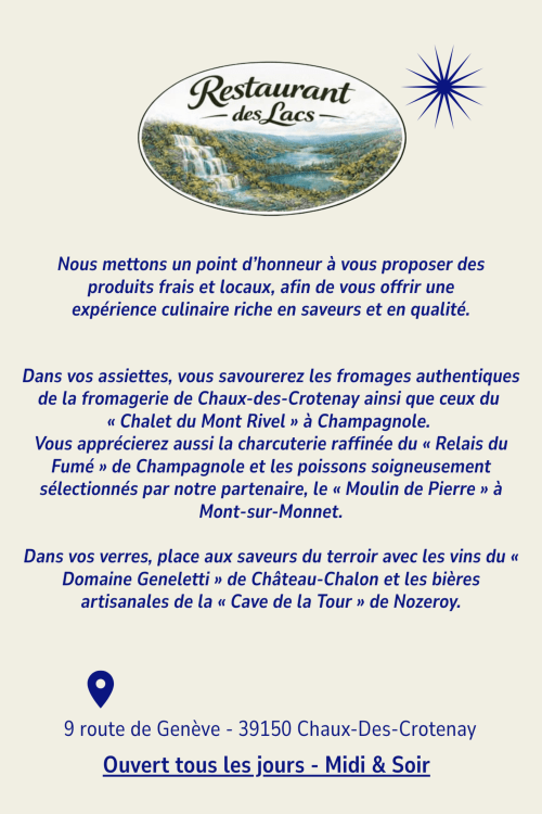 Menu du Restaurant des Lacs mettant en avant les fromages bourguignons locaux, les vins et le poisson de Chaux-des-Crotenay