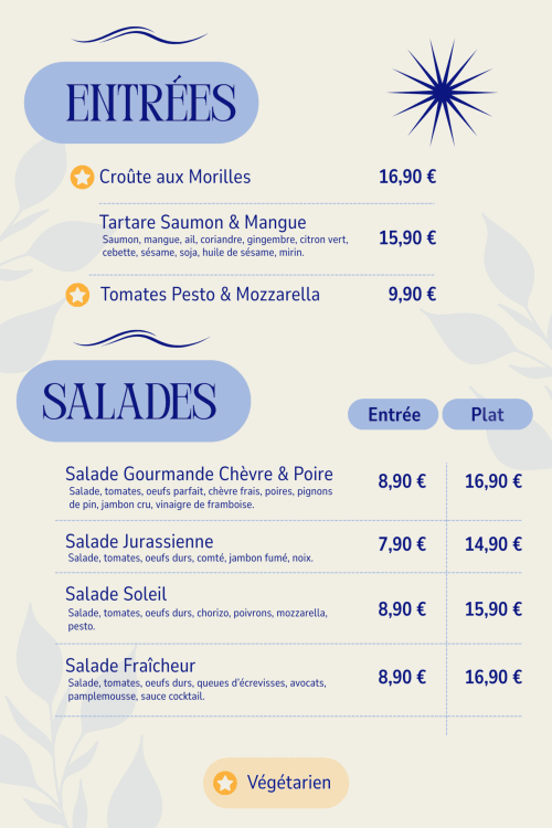 Menu de l'Hôtel des Lacs : entrées et salades françaises avec tarifs en euros au restaurant de Chaux-des-Crotenay