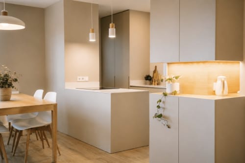 Modern kitchen with dining area in Palafrugell apartment featuring white cabinetry, wooden table, and pendant lighting