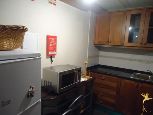 Cozinha moderna com micro-ondas, frigorífico, móveis em madeira e fogão na villa Casa Estrelícia-Dourada Garcês em São