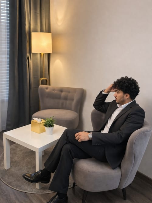 Uomo in abito da lavoro seduto in poltrona grigia nell'appartamento dell'hotel Vatican Living Rome, con tavolo bianco e lampada decorativa