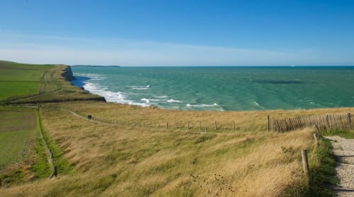Falaises côtières avec champs verdoyants et mer turquoise près des Logis d'Emma, France
