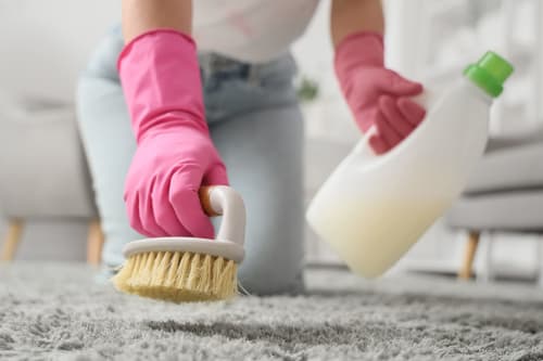 Persona con guantes rosas limpiando una alfombra gris con cepillo y solución limpiadora en el hotel Barrosa Home