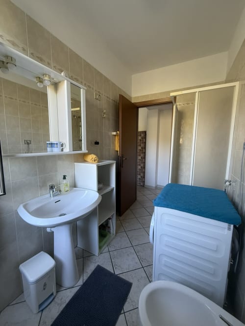 Bagno della camera bilocale presso Agriturismo Gli Ulivi, con lavabo a colonna, wc e lavatrice