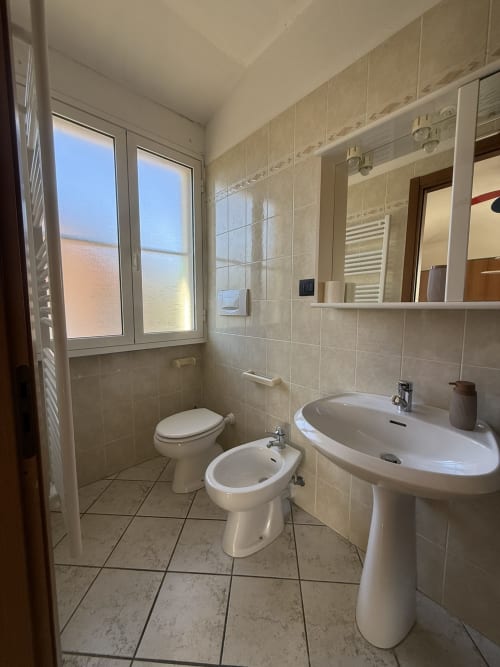 Modern bathroom in Agriturismo Gli Ulivi apartment with toilet, bidet, pedestal sink, mirror and windows