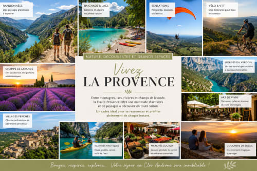 L'hôtel Le Clos Androne à Sisteron met en avant les attractions de Provence : champs de lavande, lacs de montagne, randonnées et marchés locaux.