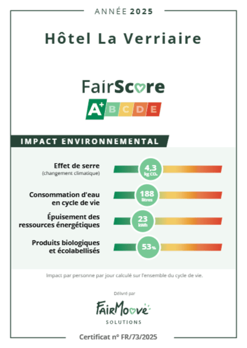 Certificat d'impact environnemental A+ FairScore 2025 de l'Hôtel La Verriaire