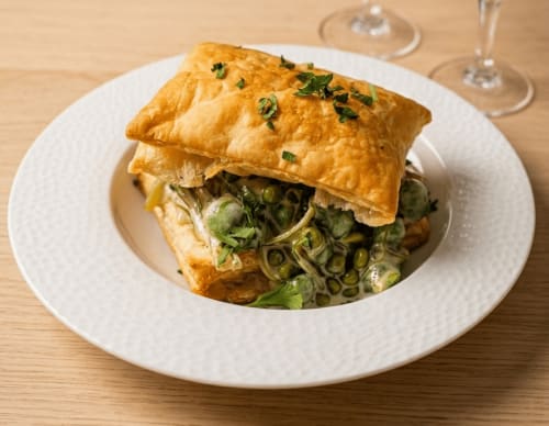 Feuilletage doré garni de légumes sautés et d'herbes, assiette blanche à La Verriaire, Chanverrie