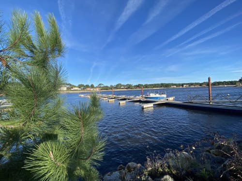 Marina de Mimizan aux eaux turquoise, palmier, quais et bateaux près de Villa Elara