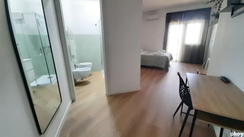 Moderno monolocale a Bari Centro con zona living open-plan, angolo cottura, bagno privato con doccia, rivestimenti in legno