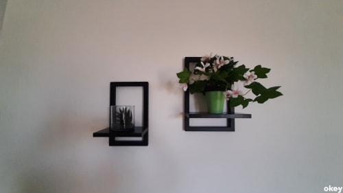 Ripiani neri a muro con pianta decorativa in vaso verde nella camera dell'hotel B&B Bari Centro