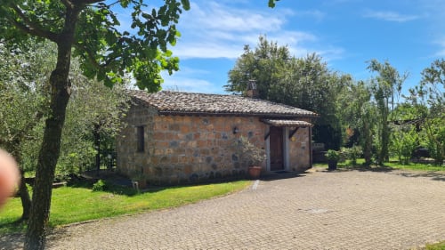 Cottage in pietra con tetto in coppi circondato da ulivi presso l'Agriturismo Buriano a Lubriano, Italia