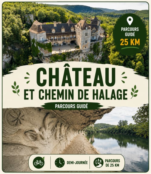 Affiche de visite guidée Château et Chemin de Halage, circuit de 25km près de Saint-Cirq-Lapopie, France
