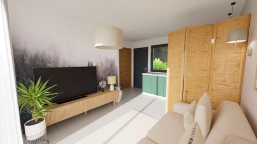 Cottage moderne aux 3 Volcans Clermont-Ferrand avec télévision, mobilier en bois et décoration contemporaine