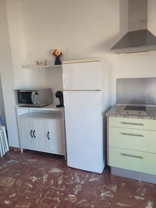 Cocina moderna en apartamento de playa con refrigerador blanco, microondas, estufa y armarios verde claro en Matalascañas