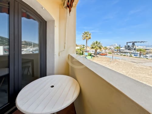 Vue de la terrasse sur le port de L'Île-Rousse : palmiers, bateaux, plage et accès direct à la mer