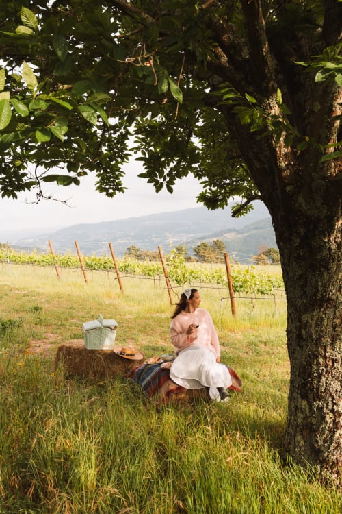 Woman enjoying picnic under tree at Canhoto Douro vineyard with Douro Valley landscape views.