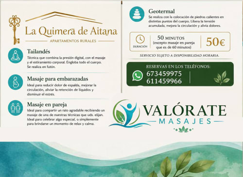 Menú de servicios spa La Quimera de Aitana: masaje tailandés, masaje prenatal, masaje en pareja y terapia geotermal en entorno rural